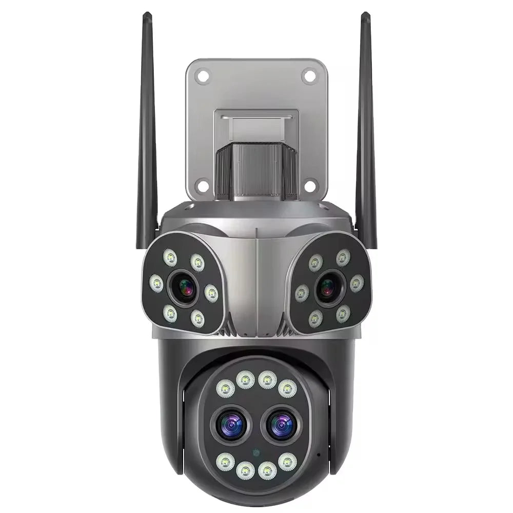 Avancerad WiFi-övervakningskamera 360° med fyra linser, tre vyer, AI-spårning och 10x zoom