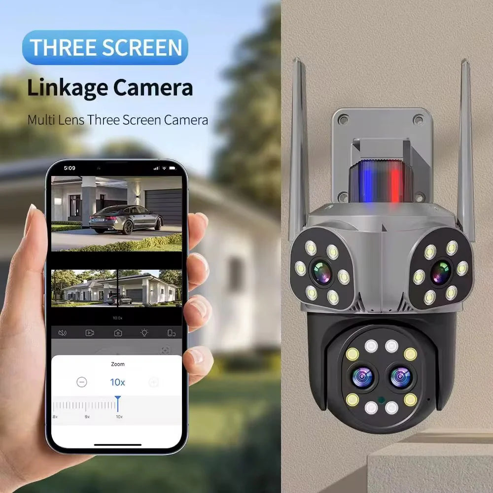Avancerad WiFi-övervakningskamera 360° med fyra linser, tre vyer, AI-spårning och 10x zoom