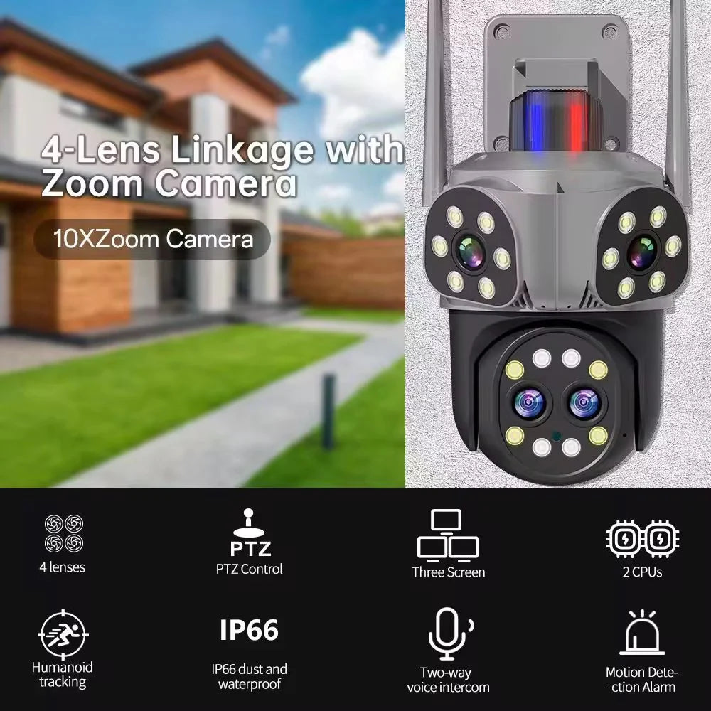 Avancerad WiFi-övervakningskamera 360° med fyra linser, tre vyer, AI-spårning och 10x zoom