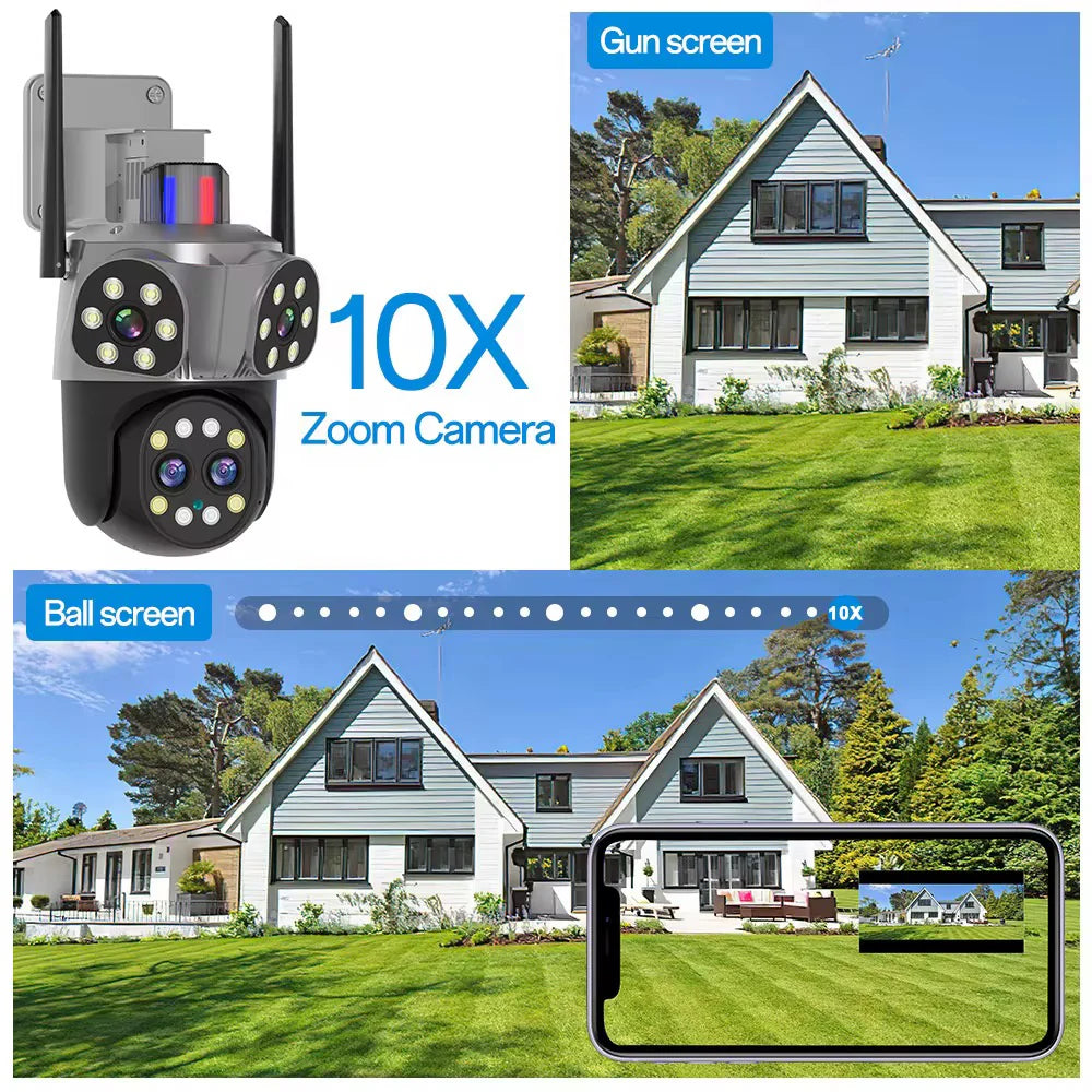 Avancerad WiFi-övervakningskamera 360° med fyra linser, tre vyer, AI-spårning och 10x zoom