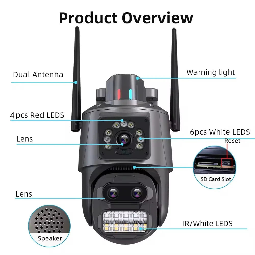 Avancerad WiFi-övervakningskamera 360° med dubbel lins, 5× zoom och smart larm